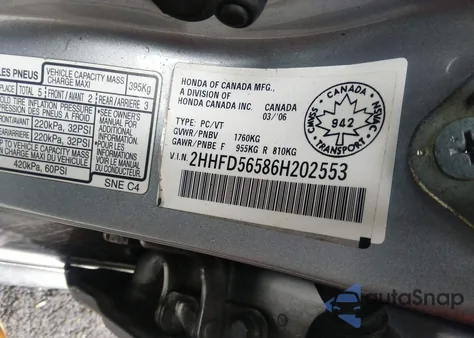 2006 Acura Csx Touring z USA, uszkodzony, nr VIN 2HHFD56586H202553